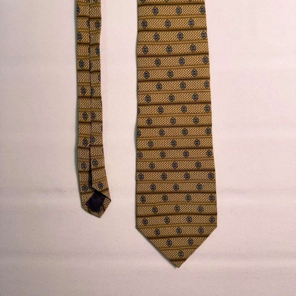 Claiborne Mens Silk Tie Gold Brown Geometric Medallion Striped Made in USA